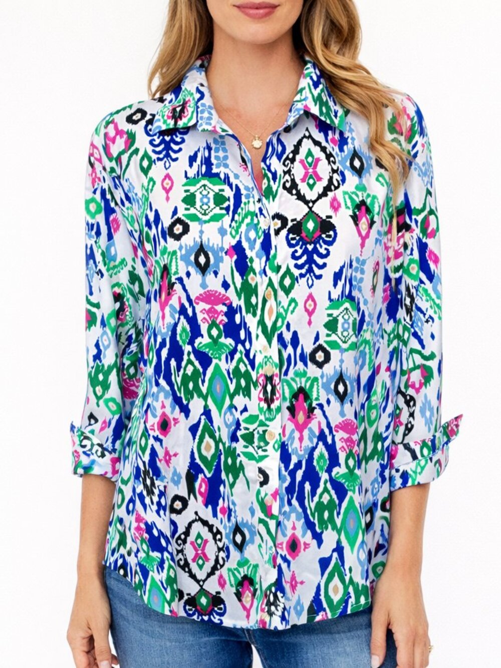 Chico’s XL No-Iron Chic Stretch Shirt – Abstract Multicolor Print, Button Front